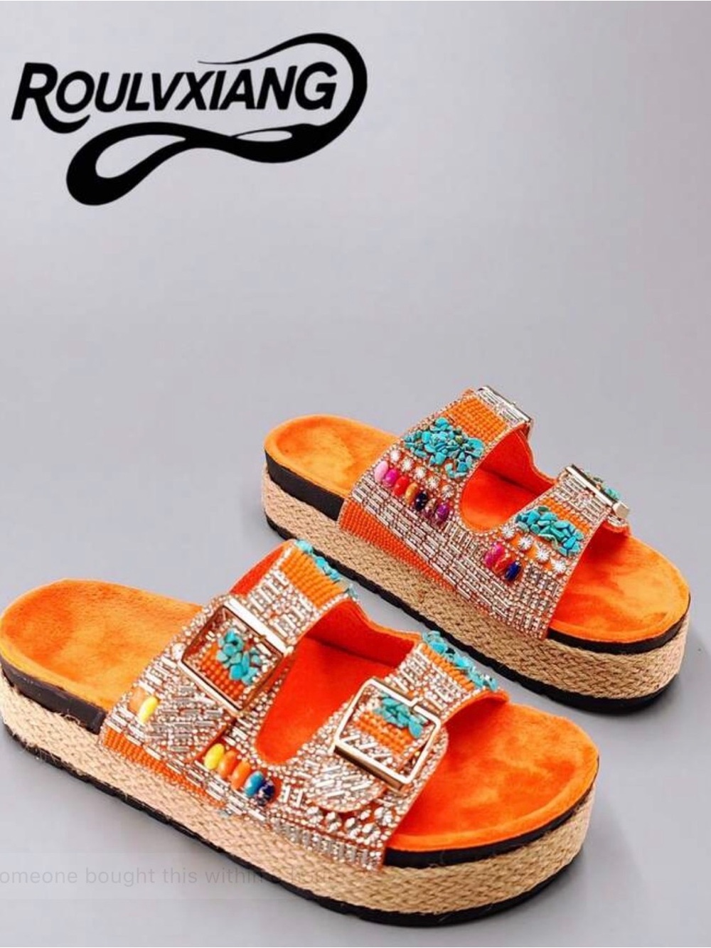 Embellished Orange Slide Sandals with Turquoise & Siver Accents - Picture 7 of 14
